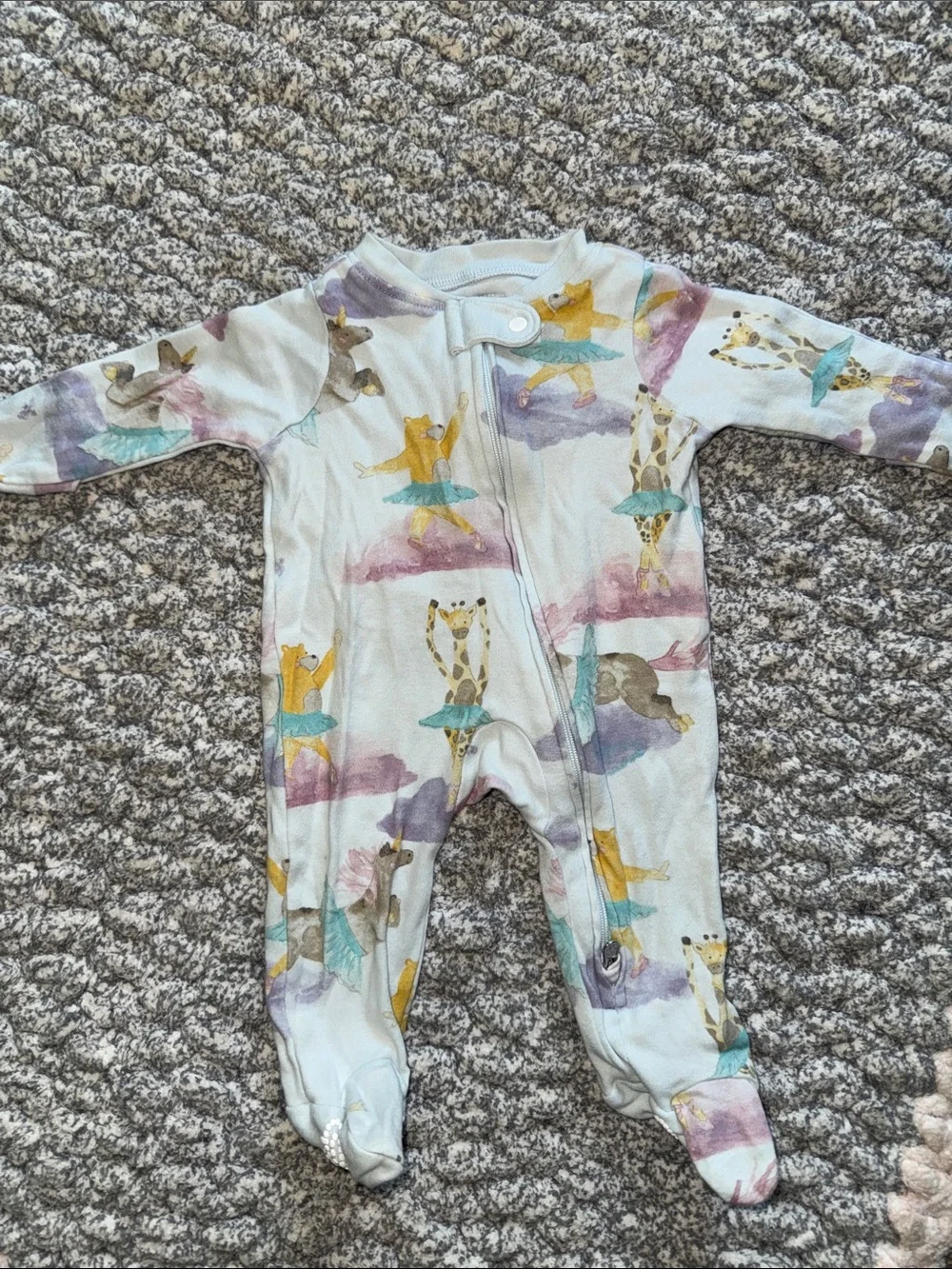 Baby Footed One-Piece Pajamas in White with Pastel Animal Ballerina Print